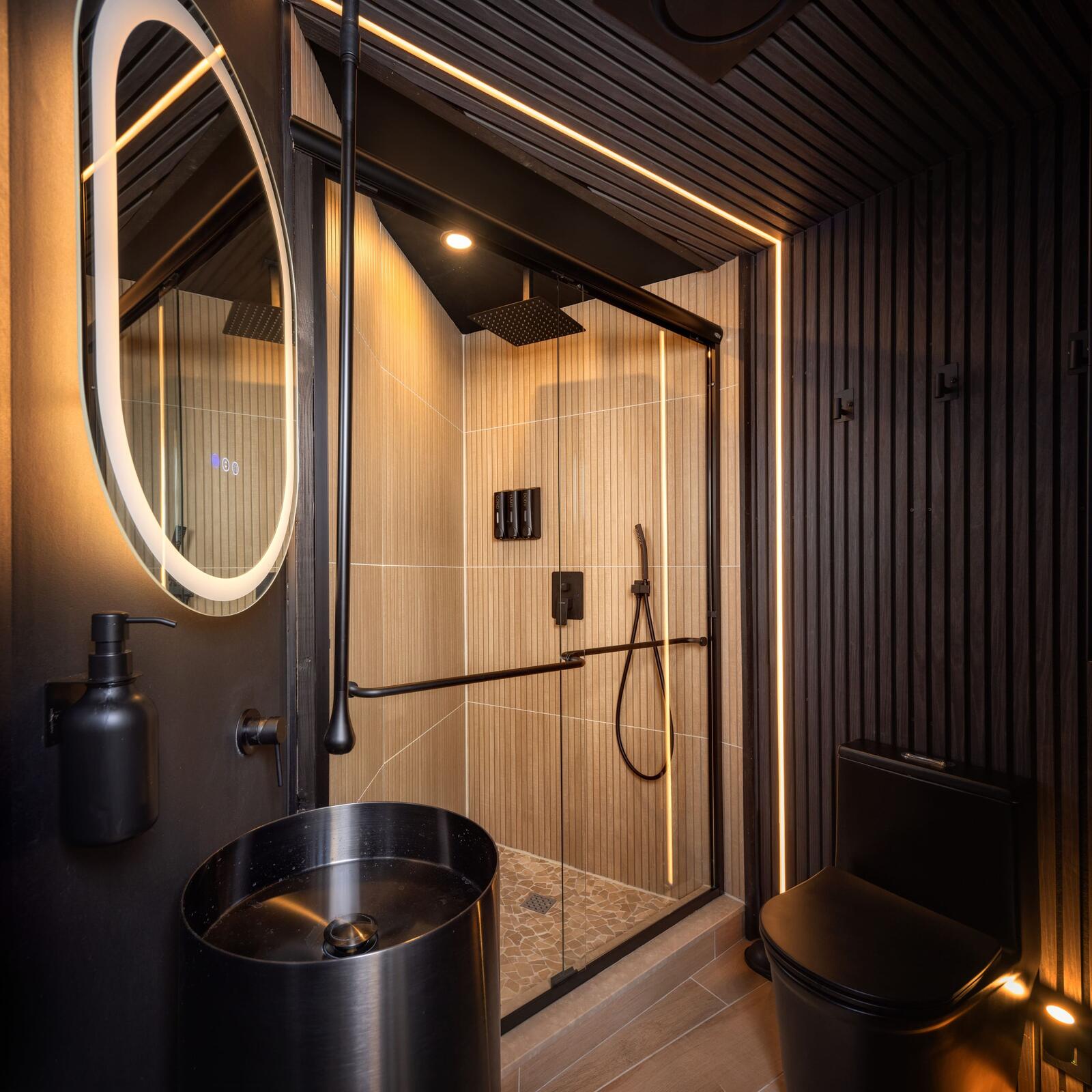One of the three bathrooms at Luray with a rainfall shower