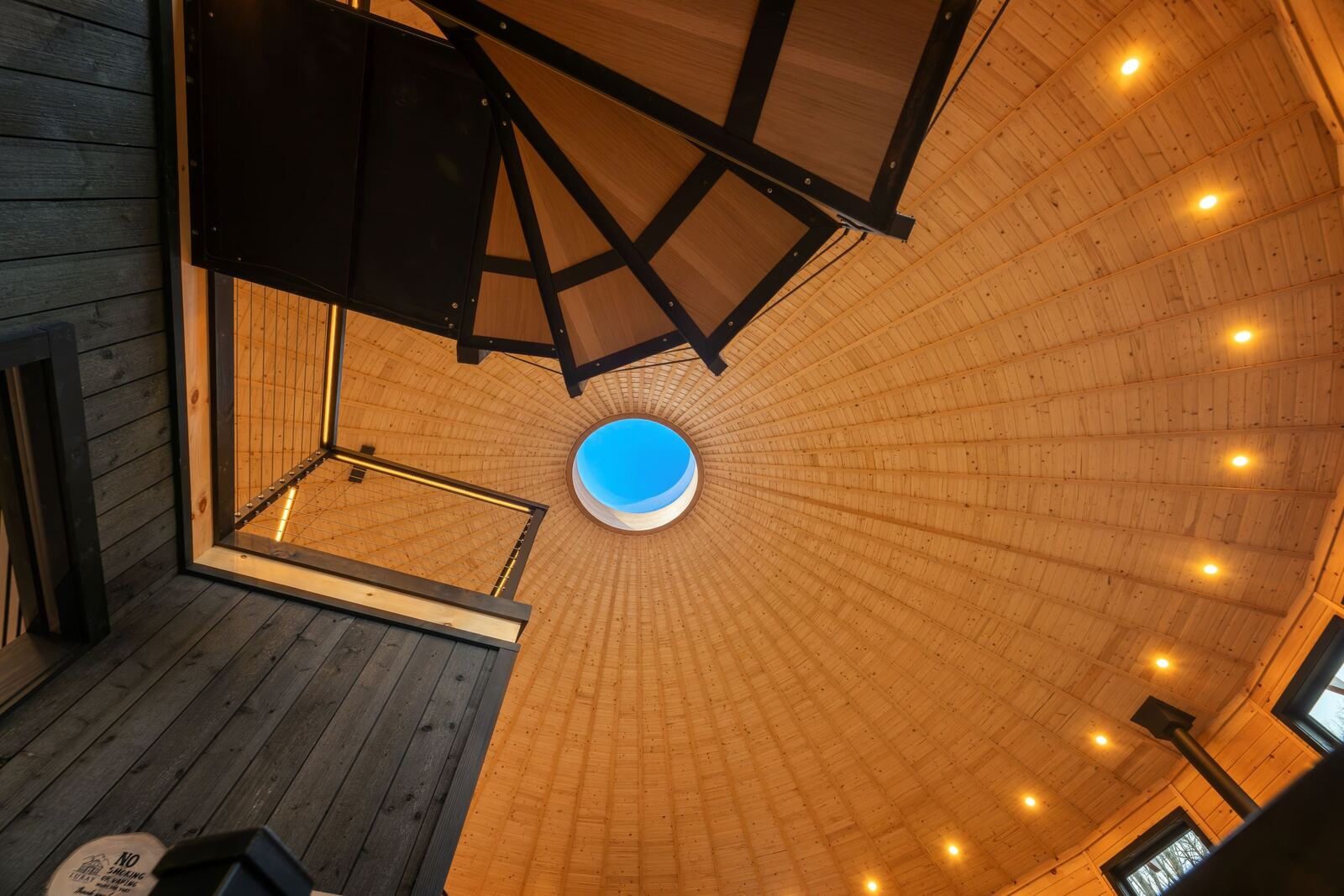 The 6 ft acrylic dome seen from inside, at the centre of the radial ceiling